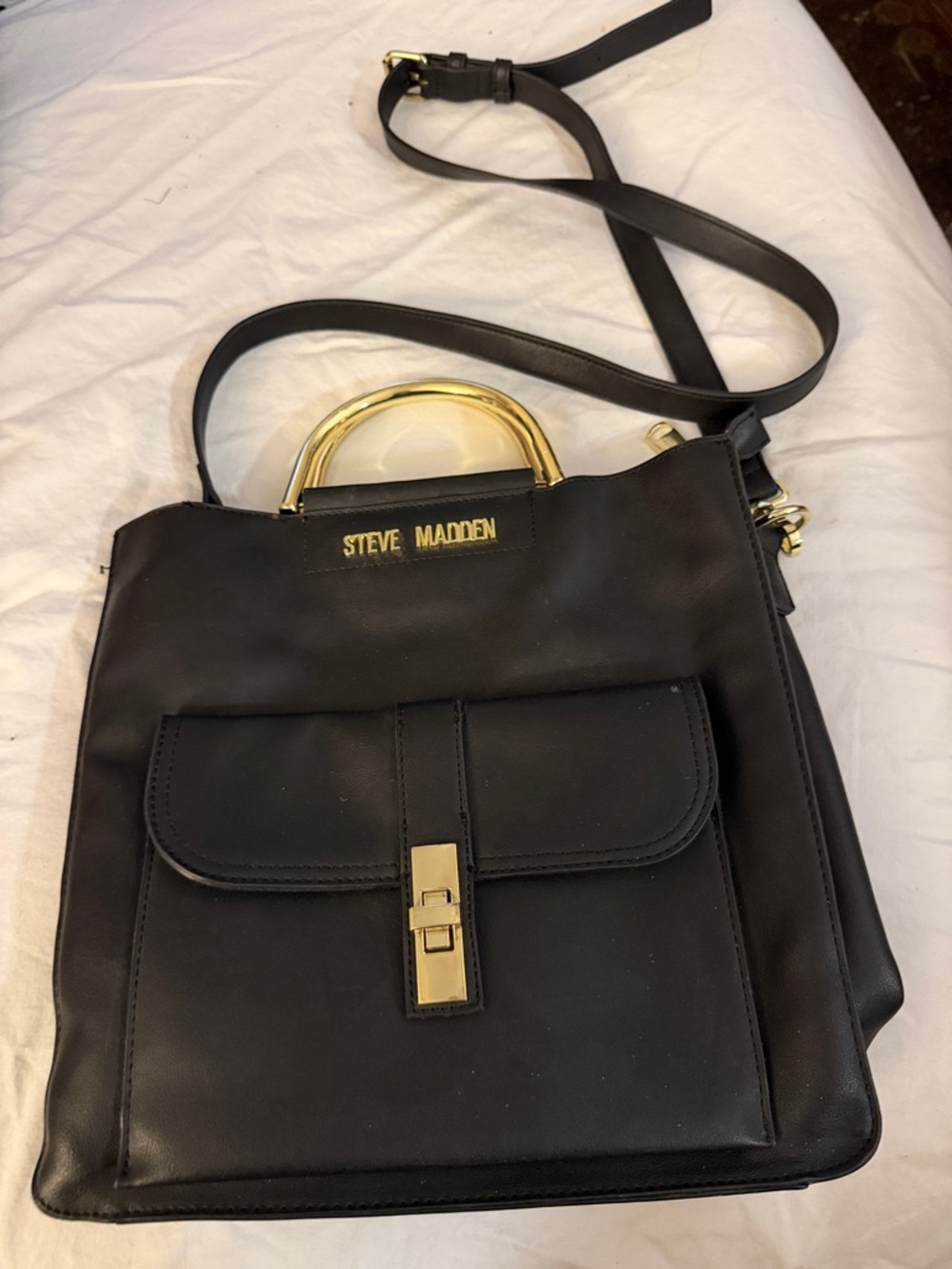 Steve Madden Black Leather Satchel with Gold Accents
